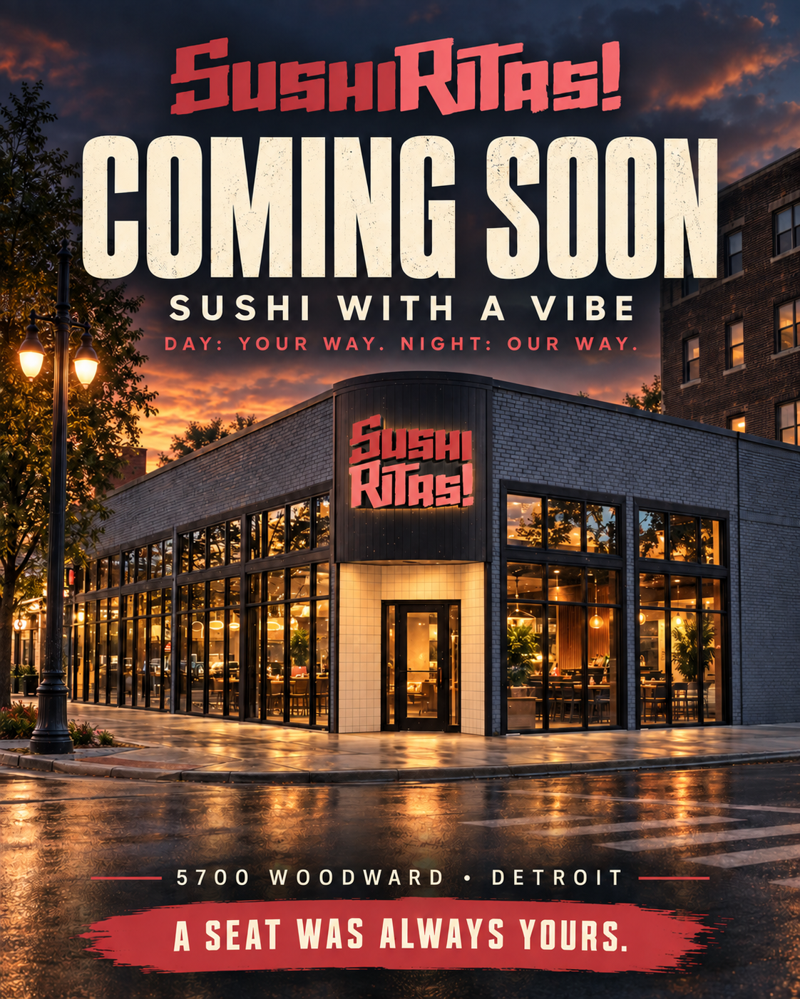 SushiRitas storefront concept at Woodward and East Palmer in Midtown Detroit